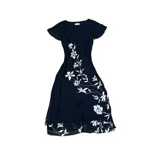 Talbots Petites Black Floral Print Flutter Sleeve Dress